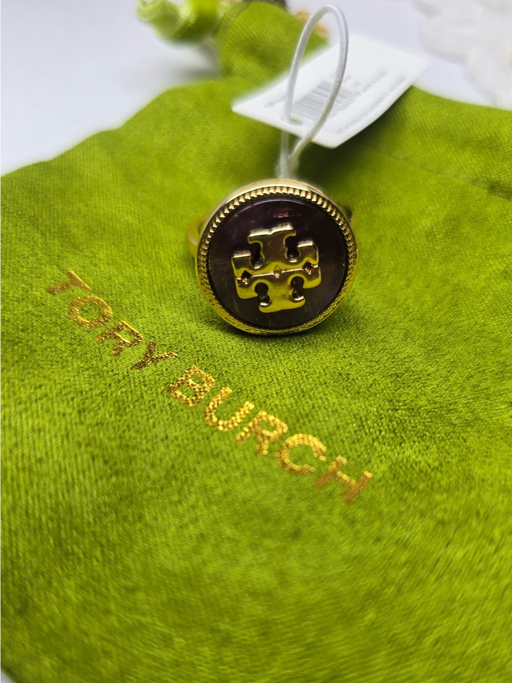 Tory Burch Gold-Tone Logo Ring with Purple Enamel